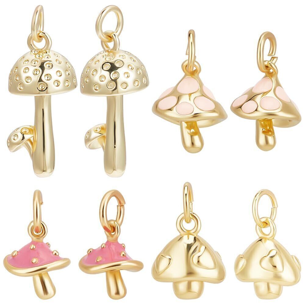 5254 1 Box 8Pcs 4 Style Mushroom Pendant Charms 18K Gold Plated Brass 3D
